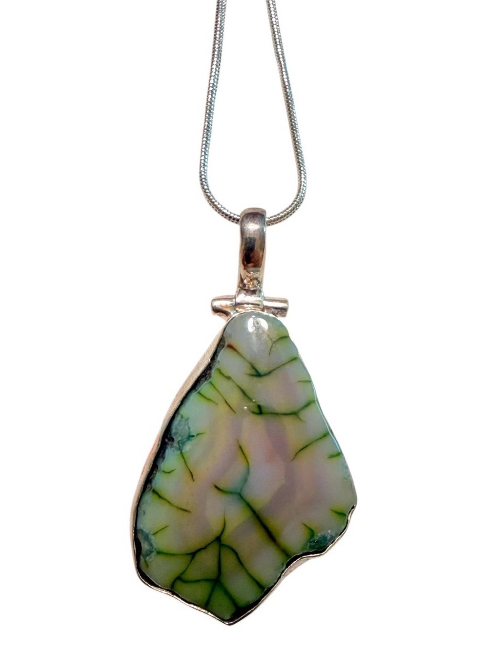 Y2K Vintage Green Dragon Vein Pendant on a 925 Silver Plated Snake Chain, 19”